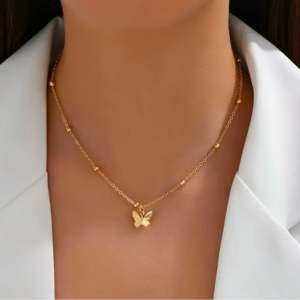 Gold Minimalist Butterfly Necklace with Dainty Chain, NEW, Cascading Back Chain